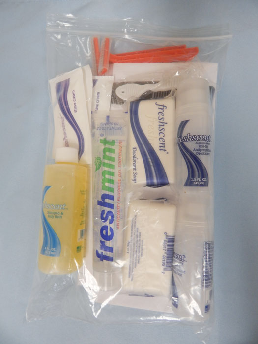 Welfare Kit in clear plastic zip bag, all products inside